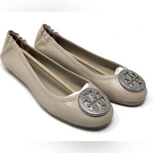 Tory Burch Minnie Leather Travel Pave Ballet Flats Shoes TORTORA Silver